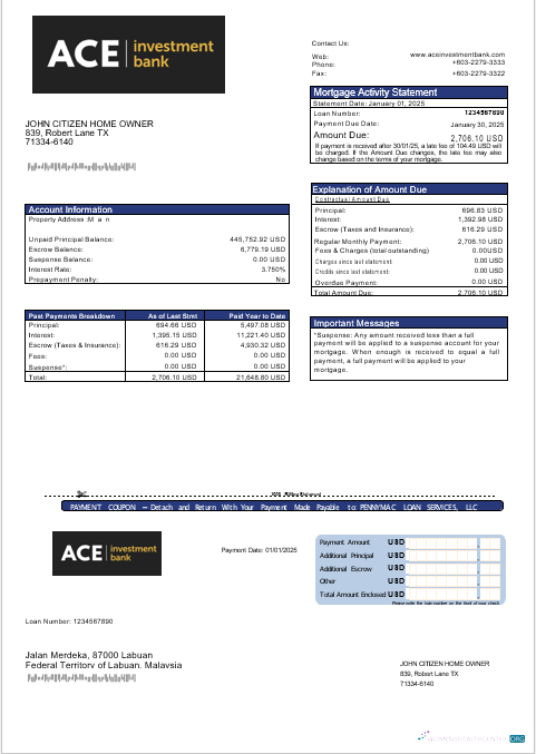 Download USA ACE bank mortgage statement in Word and PDF formats Photoshop template